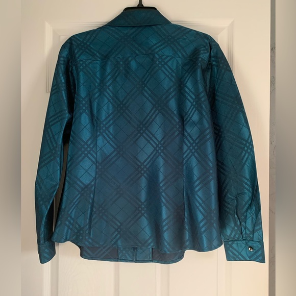 Coldwater Creek Teal Blue Geometric Design  Long Sleeve Blouse Zip Top Size XL - Picture 3 of 8